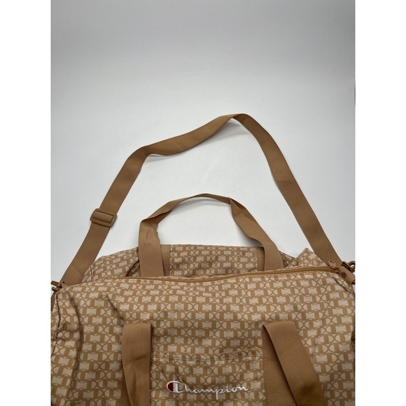 Champion Duffle Bag Beige Allover Print Logo Gym Travel Carry On - Picture 2 of 10